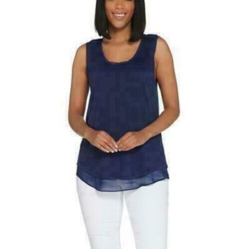 Lisa Rinna Collection Knit Tank with Chiffon Trim Size XXS Top Tee Navy A309347